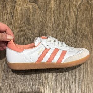 Adidas White and Peach Striped Sneakers